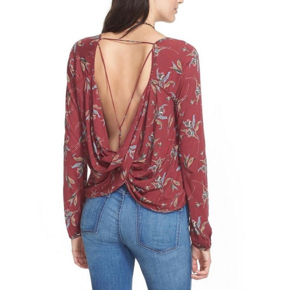 Free People Open Back Drape Blouse Top Burgundy Red Floral Bird Print Small - Picture 2 of 7